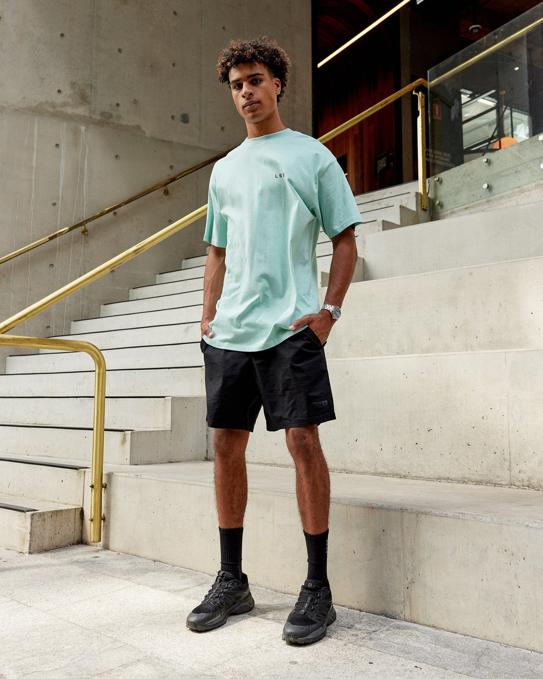 Man wearing Endeavour Heavyweight Long Line Tee Oversize - Pastel Turquoise