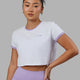 Woman wearing Excel Ringer Tee - White-Pale Lilac