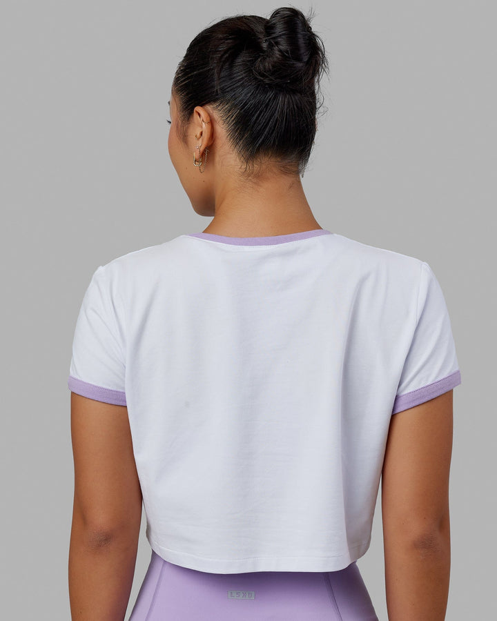 Woman wearing Excel Ringer Tee - White-Pale Lilac