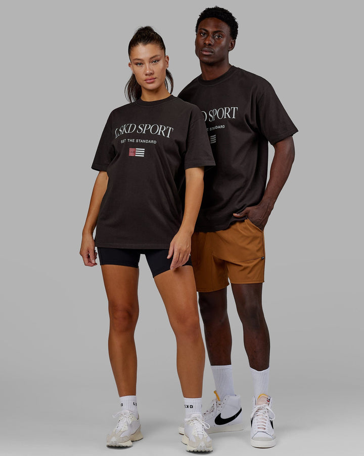 Duo wearing Unisex Flag Heavyweight Tee Oversize - Dark Walnut