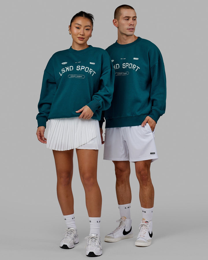 Duo wearing Unisex Free Throw Sweater Oversize - Deep Lagoon