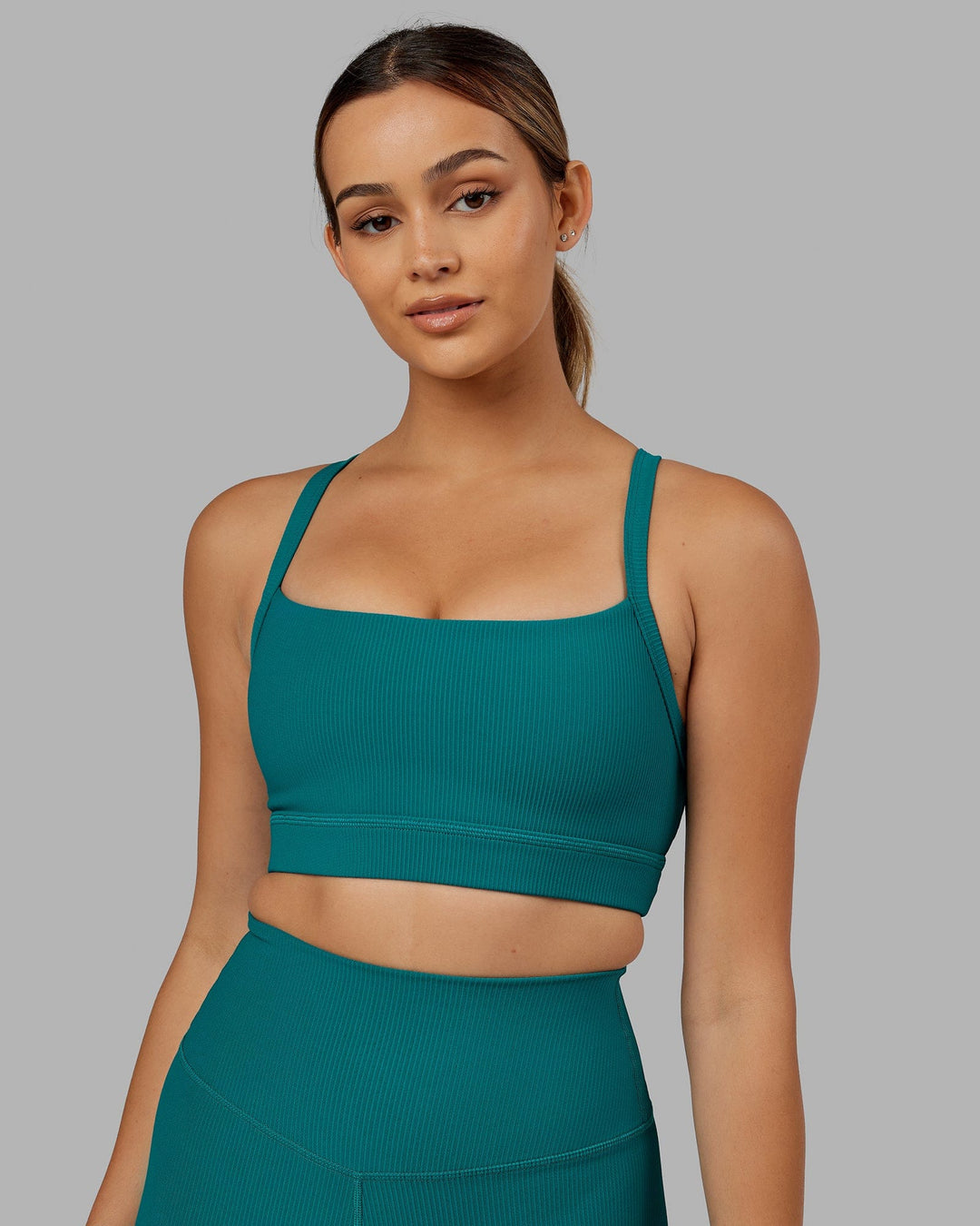 Woman Wearing Momentum Ribbed Sports Bra - Sea Green