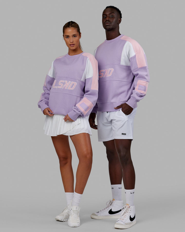 Duo wearing Unisex Slam Sweater Oversize - Pale Lilac-Petal Pink