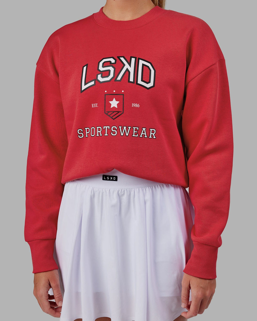 Woman wearing Sports Dept. Cropped Sweater - Scarlet