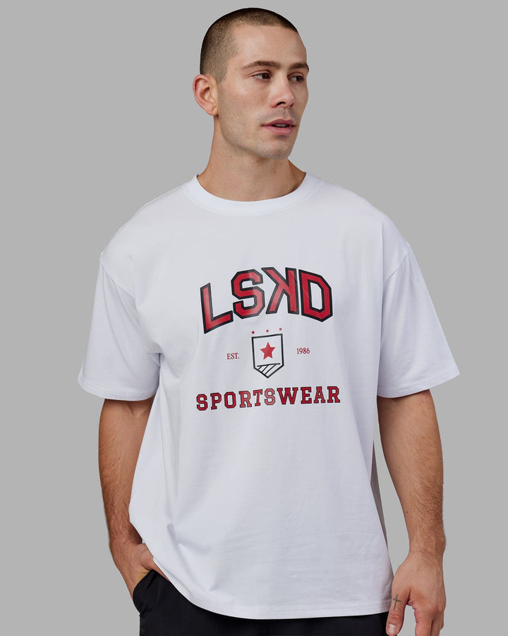Man wearing Unisex Sports Dept. Tee Oversize - White-Red