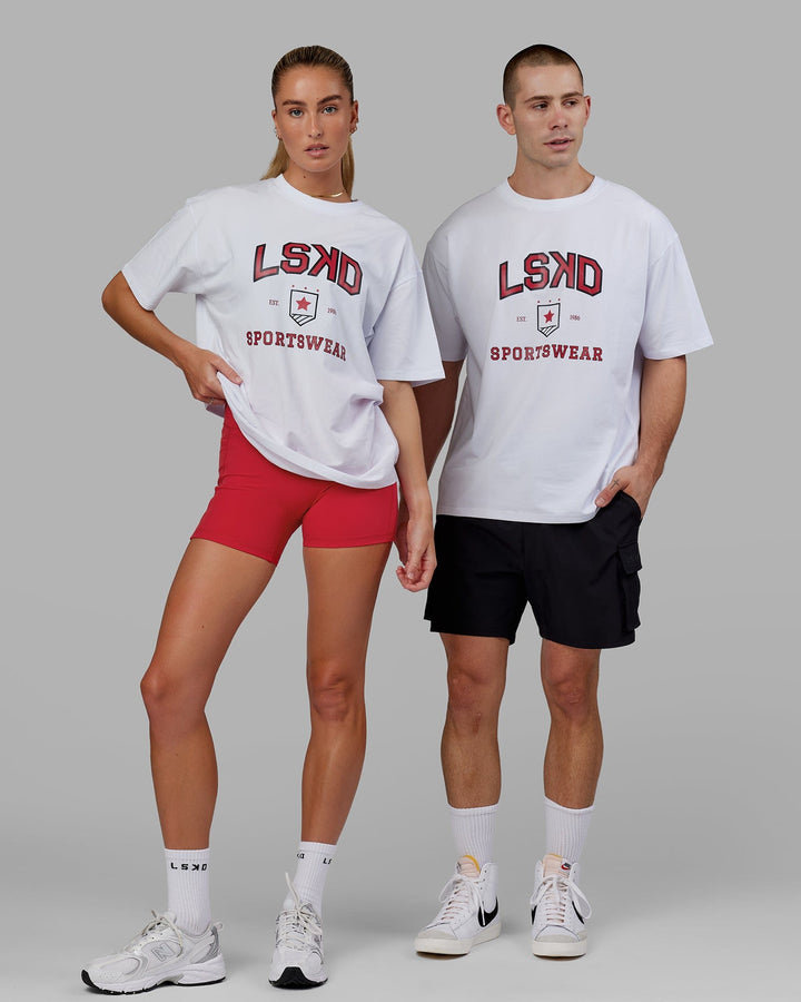 Man and Woman wearing Unisex Sports Dept. Tee Oversize - White-Red