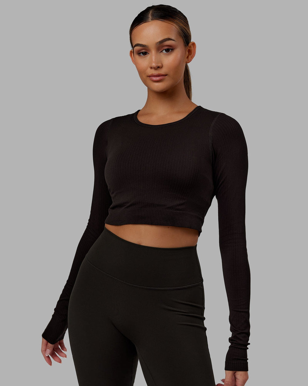 Woman wearing Ultra Soft Seamless Long Sleeve Top - Dark Walnut