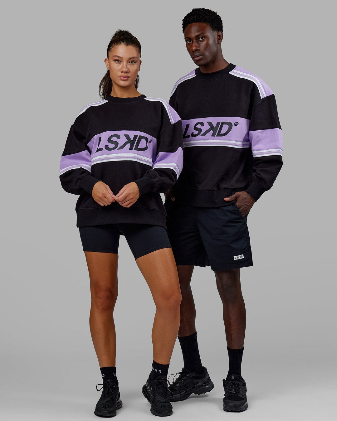 Man and Woman wearing Unisex A-Team Sweater Oversize - Black-Pale Lilac