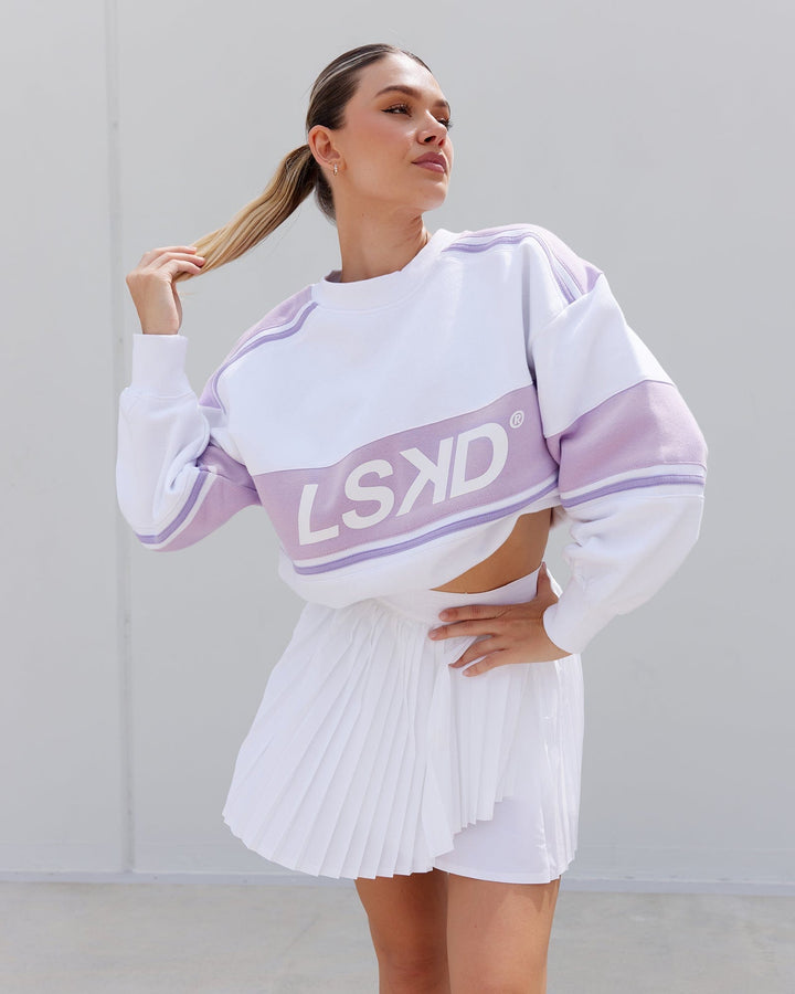 Woman wearing Unisex A-Team Sweater Oversize - White-Pale Lilac