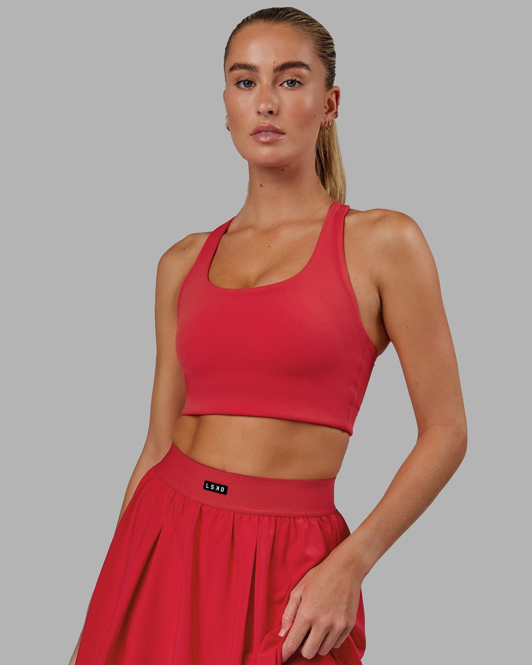 Woman wearing Ace Long Line Bra - Scarlet