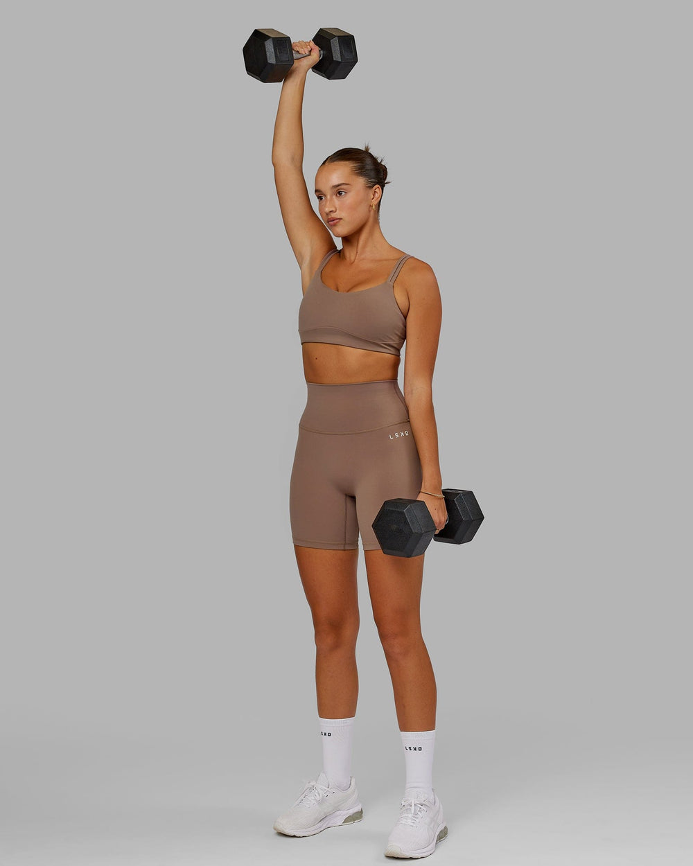Woman wearing Base 2.0 Mid Short Tight - Deep Taupe