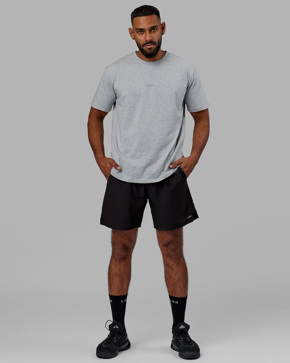 Man Wearing Base FLXCotton Tee - Lt Grey Marl