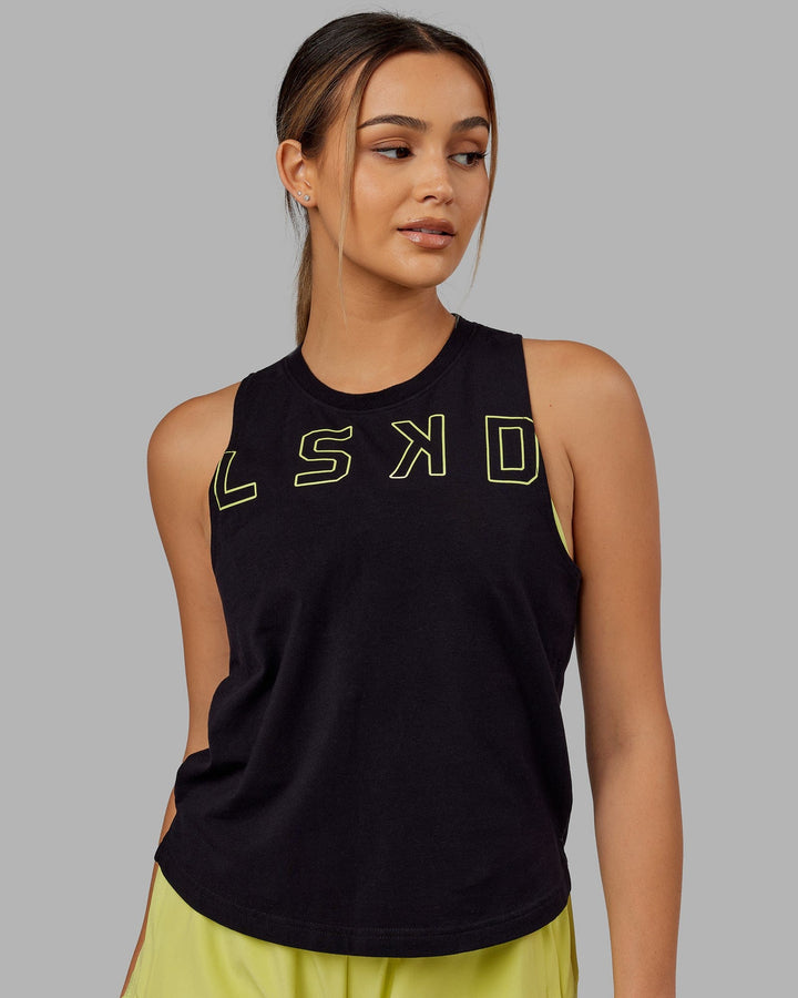 Woman wearing Expand FLXCotton Tank - Black-Citrus Green