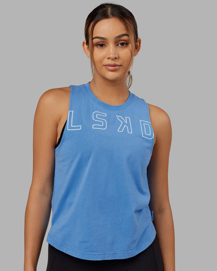 Woman wearing Expand FLXCotton Tank - Azure Blue-White