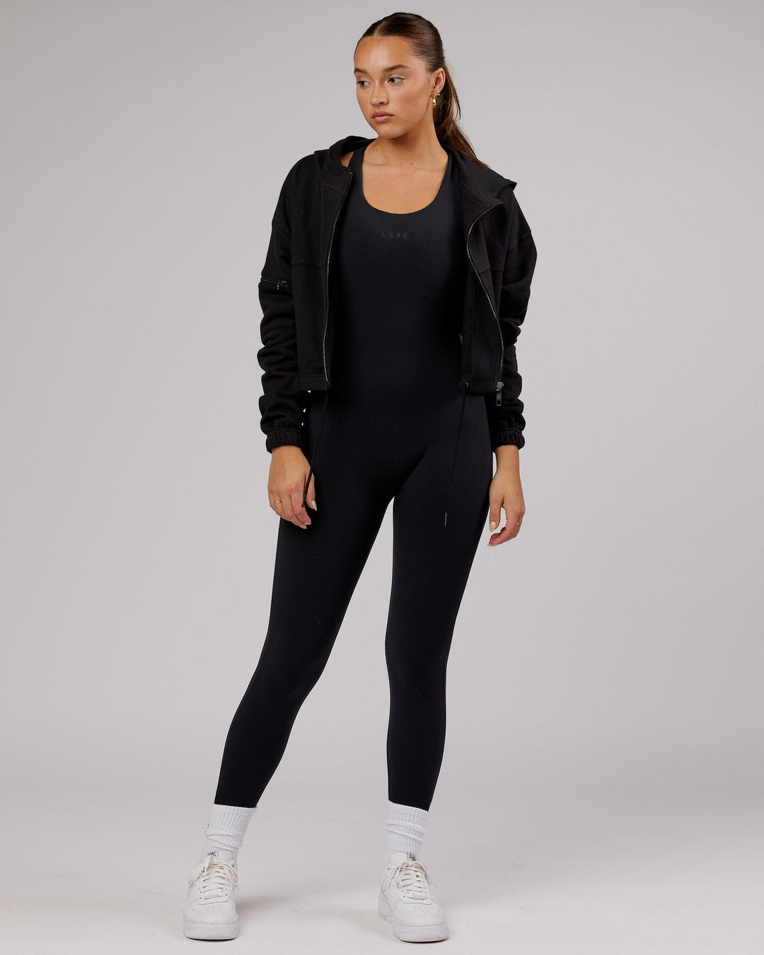 Woman wearing Full Length Bodysuit - Black