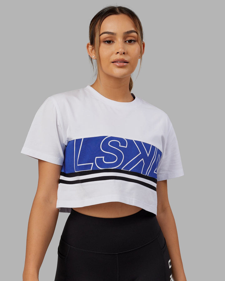 Woman wearing Line-Up Cropped Tee - White-Power Cobalt