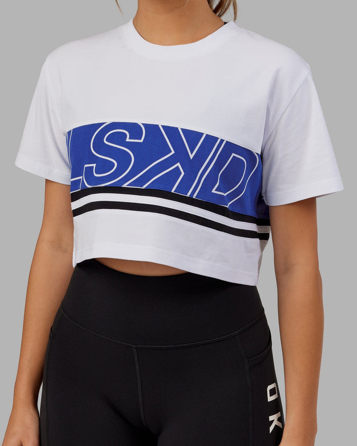 Woman wearing Line-Up Cropped Tee - White-Power Cobalt