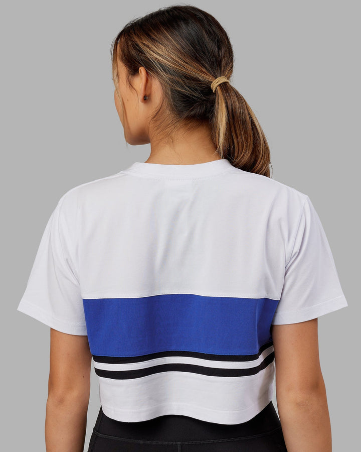 Woman wearing Line-Up Cropped Tee - White-Power Cobalt