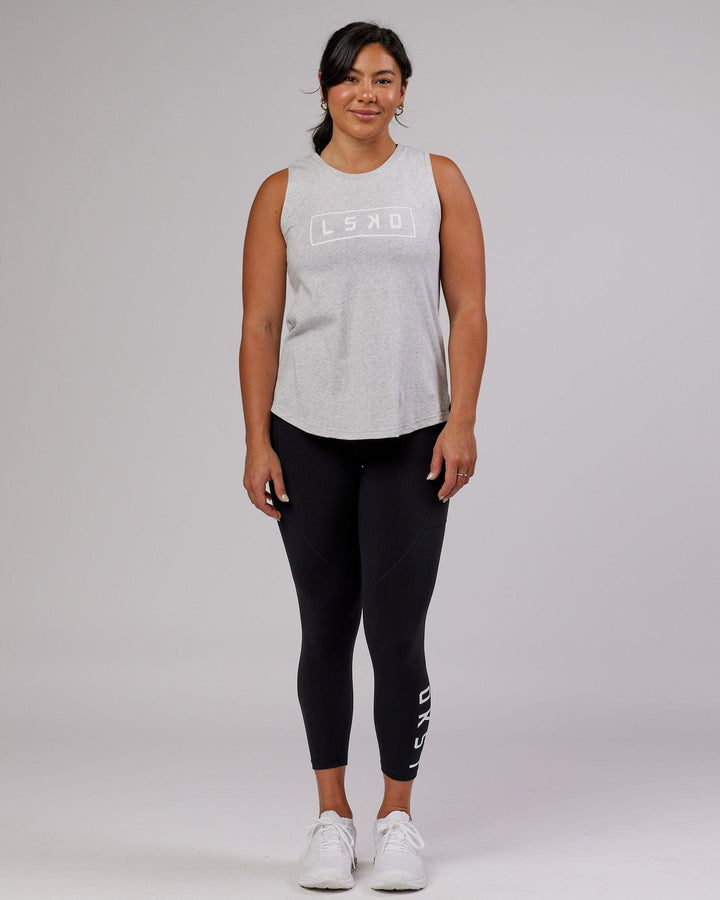 Woman wearing Luna Tank - Lt Grey Marl-White