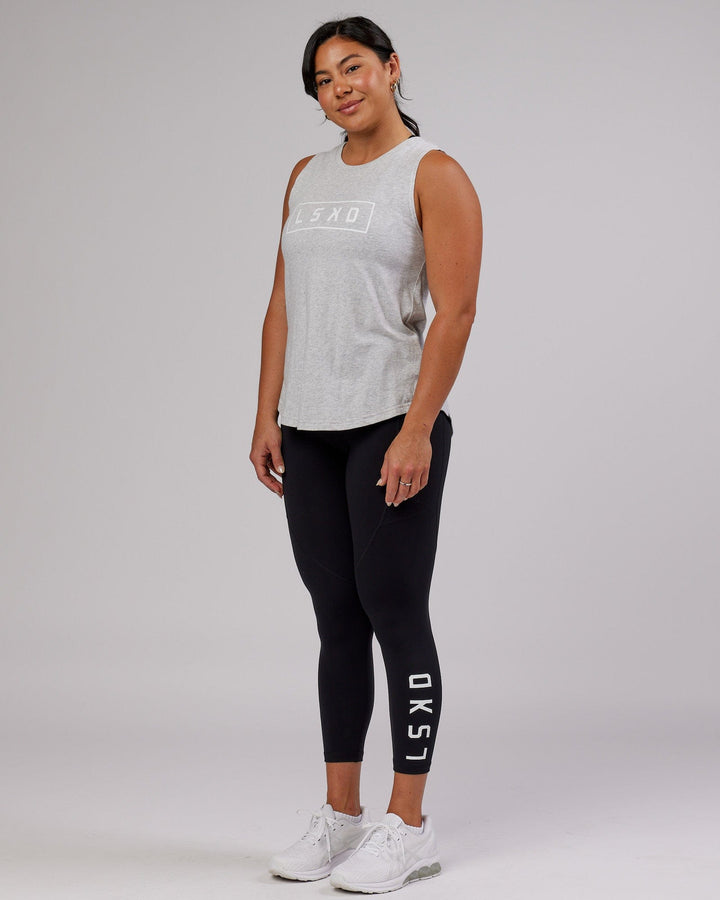 Woman wearing Luna Tank - Lt Grey Marl-White