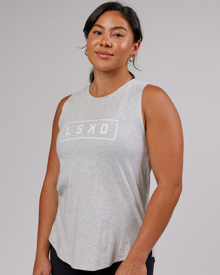 Woman wearing Luna Tank - Lt Grey Marl-White