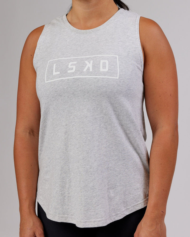Woman wearing Luna Tank - Lt Grey Marl-White