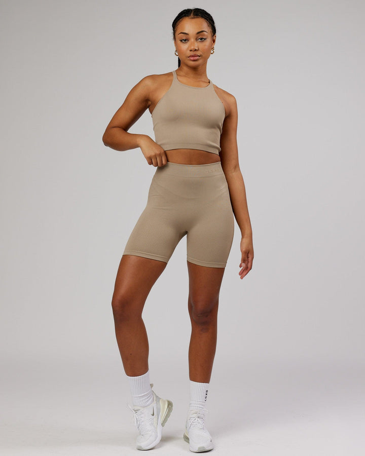 Woman wearing Minimal Seamless Crop Ribbed Tank - Taupe