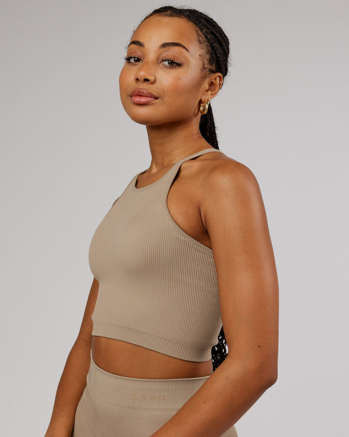 Woman wearing Minimal Seamless Crop Ribbed Tank - Taupe