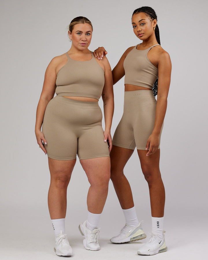 Woman wearing Minimal Seamless Crop Ribbed Tank - Taupe