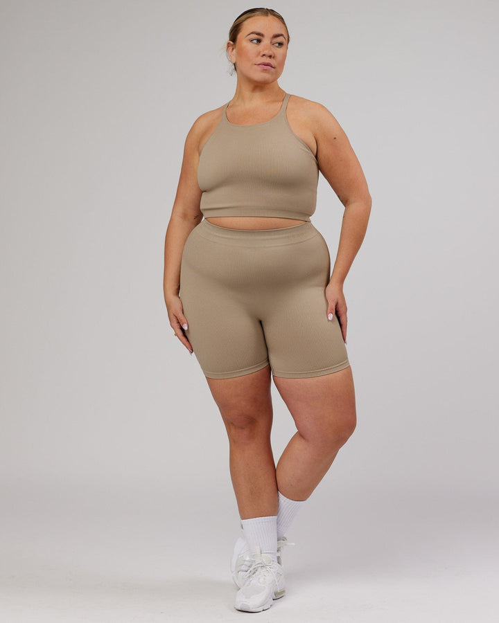 Woman wearing Minimal Seamless Crop Ribbed Tank - Taupe