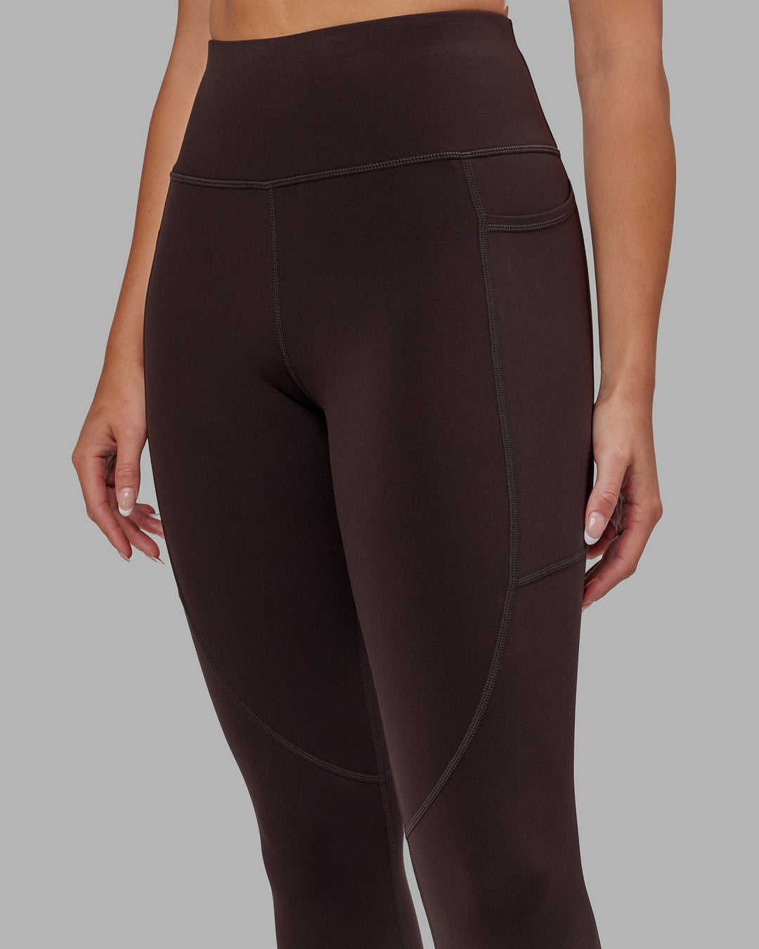 Woman wearing Rep Ultra High-Rise Full Length Legging Pockets - Dark Walnut | Model:Catalina | Size:S