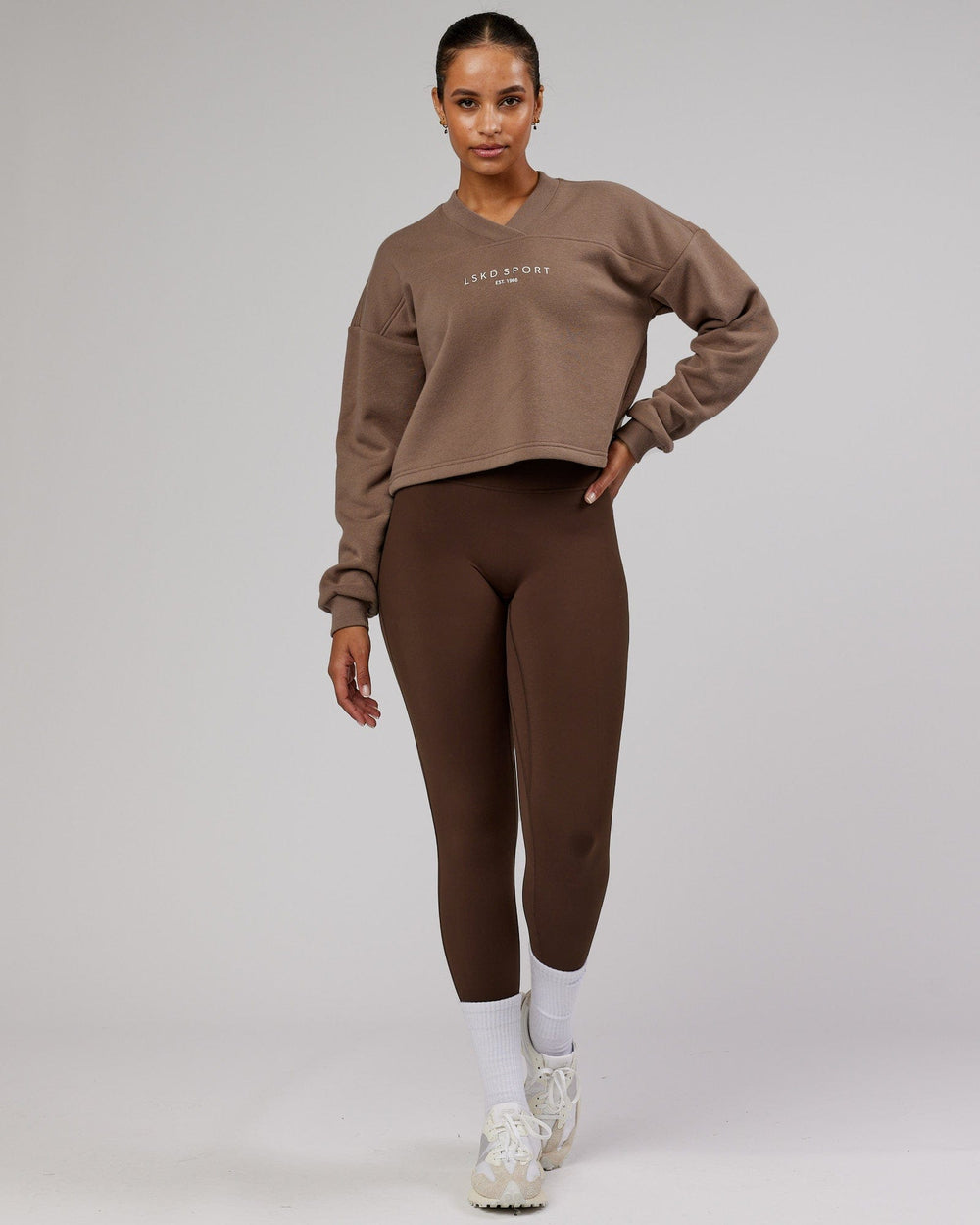 Woman wearing Touchdown Sweater - Deep Taupe
