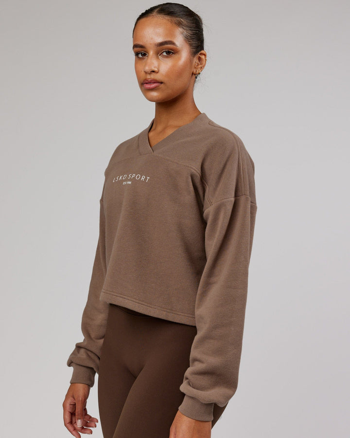 Woman wearing Touchdown Sweater - Deep Taupe