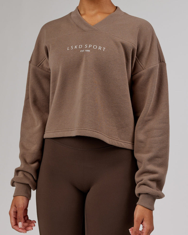 Woman wearing Touchdown Sweater - Deep Taupe