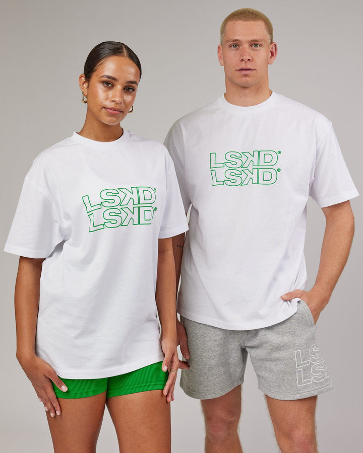 Man and woman wearing Unisex Stacks Up Heavyweight Tee - White-Vivid Green