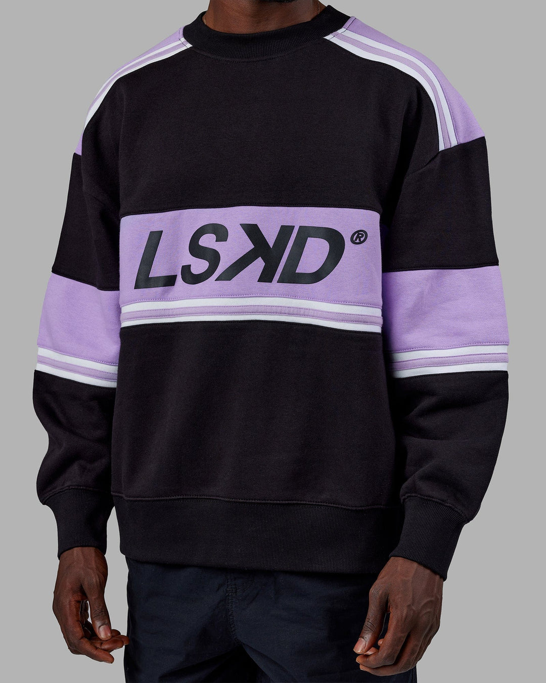 Man wearing Unisex A-Team Sweater Oversize - Black-Pale Lilac