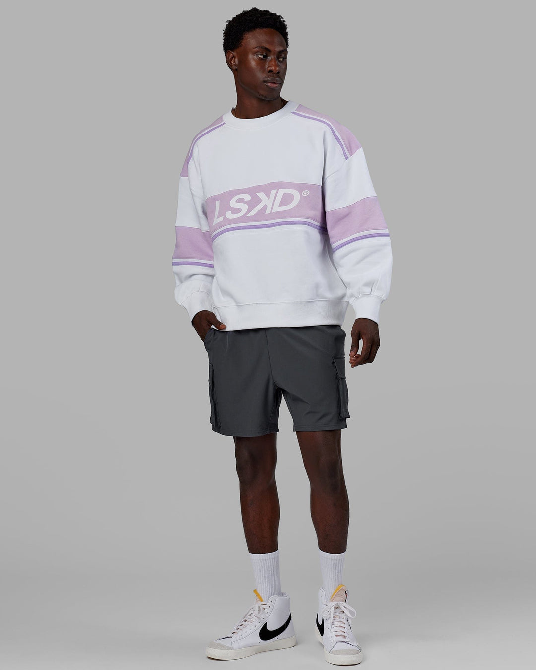 Man wearing Unisex A-Team Sweater Oversize - White-Pale Lilac