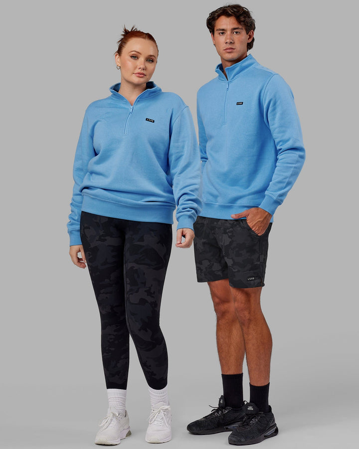 Duo wearing Unisex Fundamental 1/4 Zip Sweater - Azure Blue