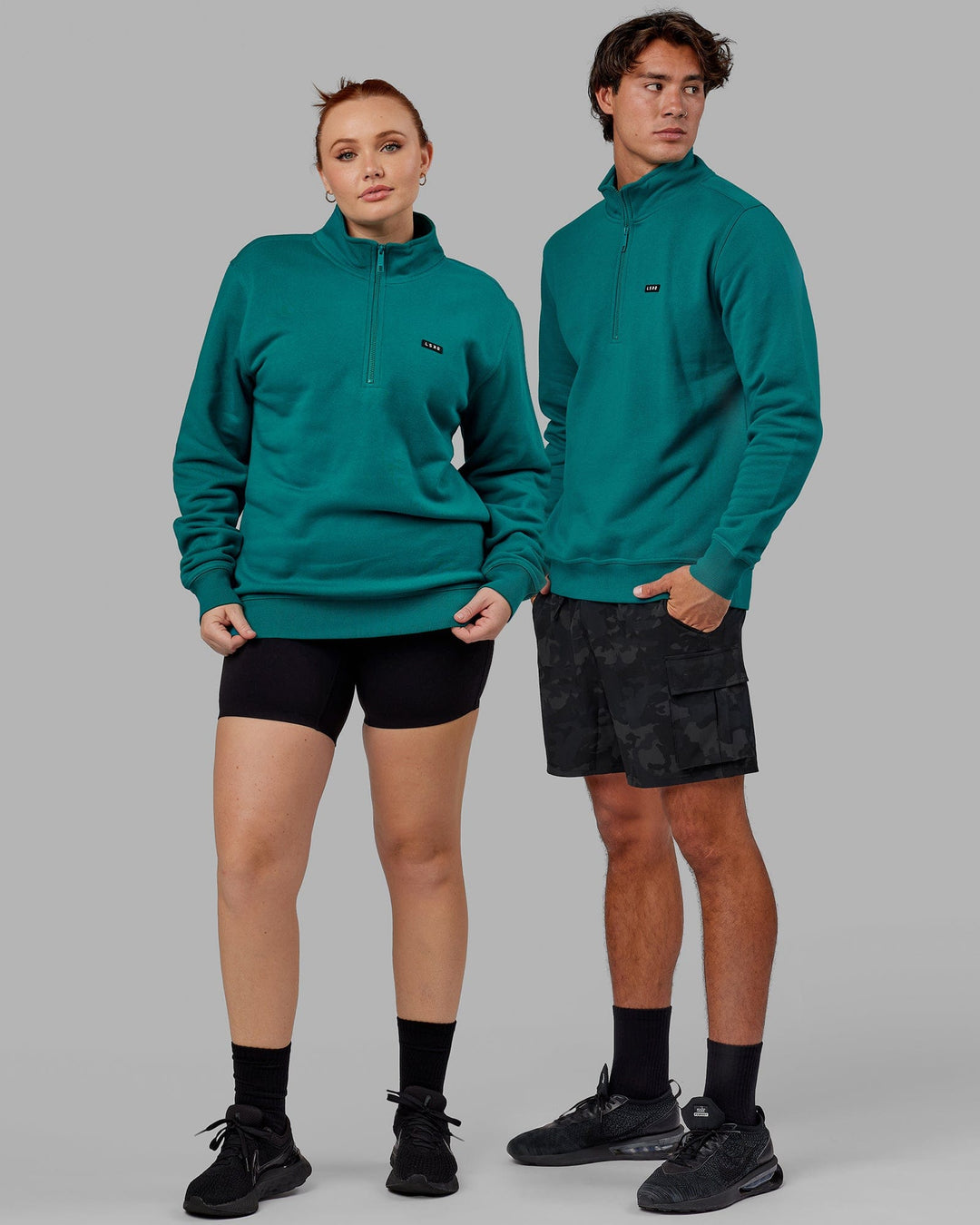 Duo wearing Unisex Fundamental 1/4 Zip Sweater - Deep Lake