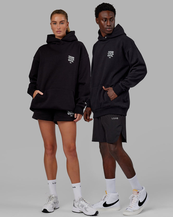 Duo wearing Unisex Good Times Hoodie Oversize - Black-White
