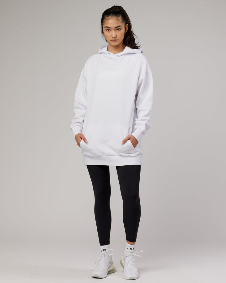 Woman wearing Unisex Linear Hoodie Oversize - White