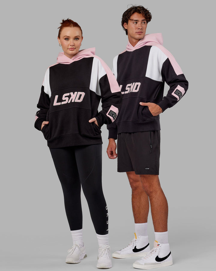 Duo wearing Unisex Slam Hoodie Oversize - Black-Petal Pink