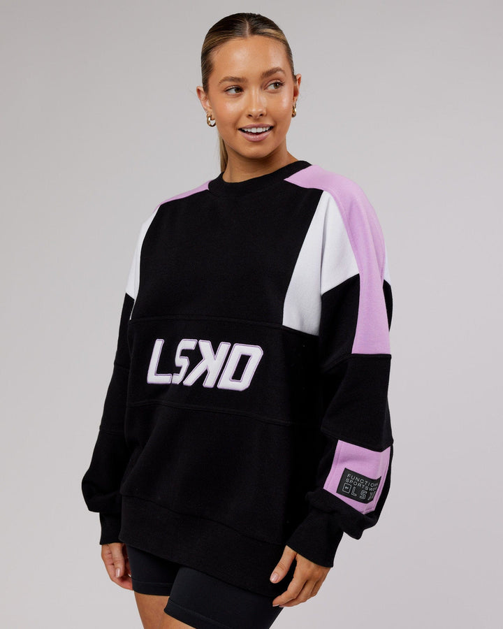 Woman wearing Unisex Slam Sweater Oversize - Black-Lilac