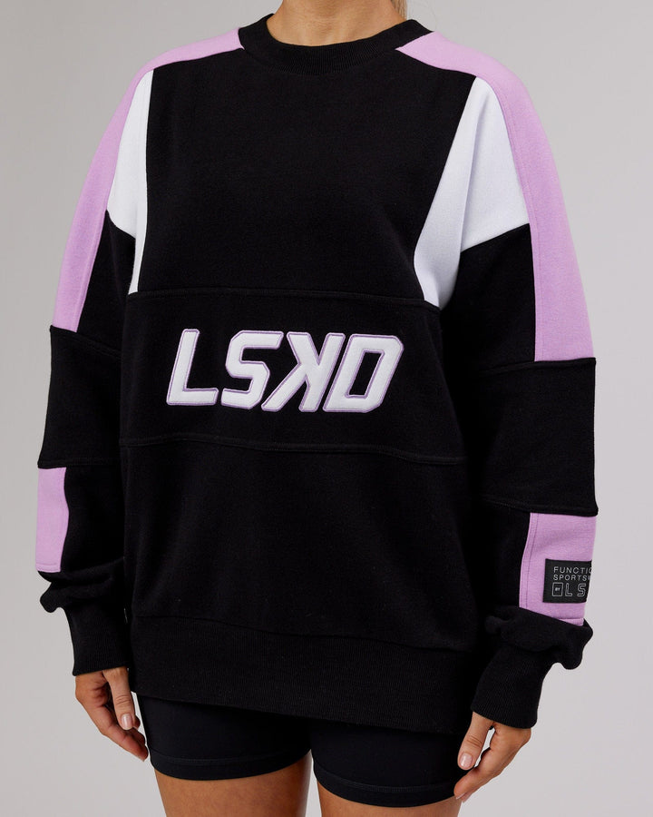 Woman wearing Unisex Slam Sweater Oversize - Black-Lilac