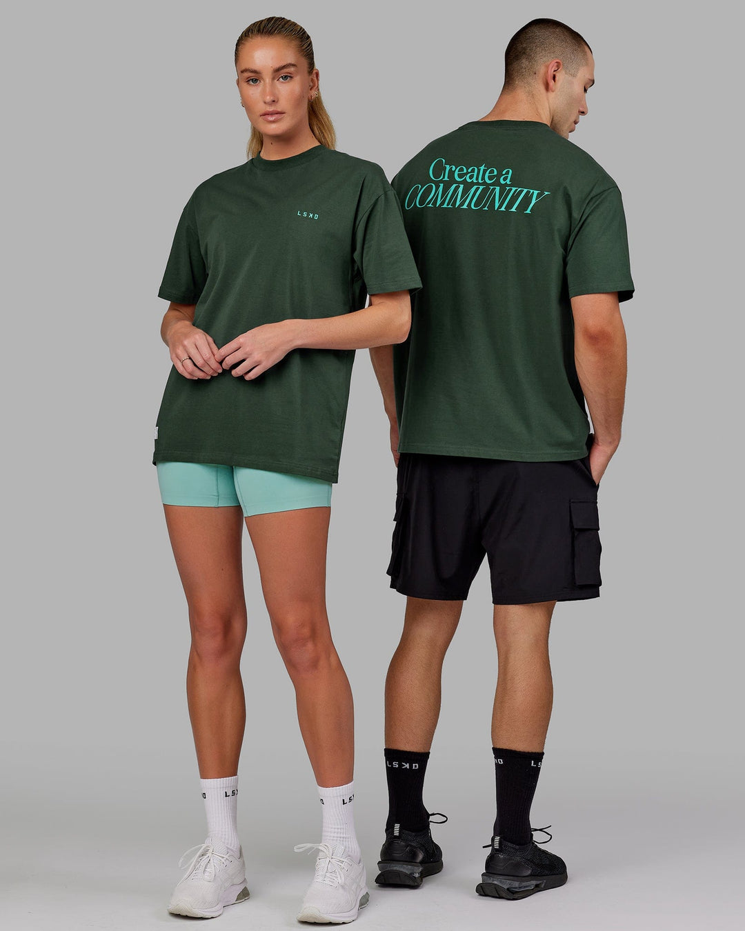 Duo wearing Unisex VS2 FLXCotton Tee Oversize - Vital Green-Teal