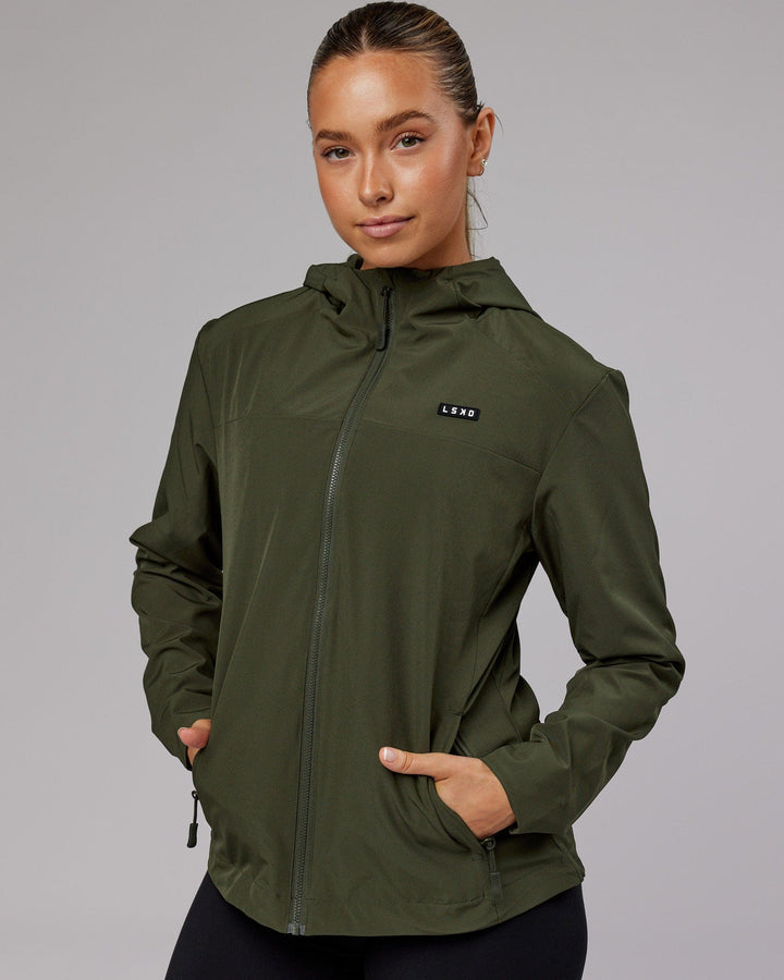 Woman wearing Womens Functional Training Jacket - Forest Night