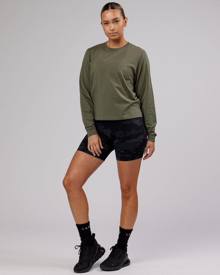 Woman wearing PimaFLX LS Tee - Olive Fade