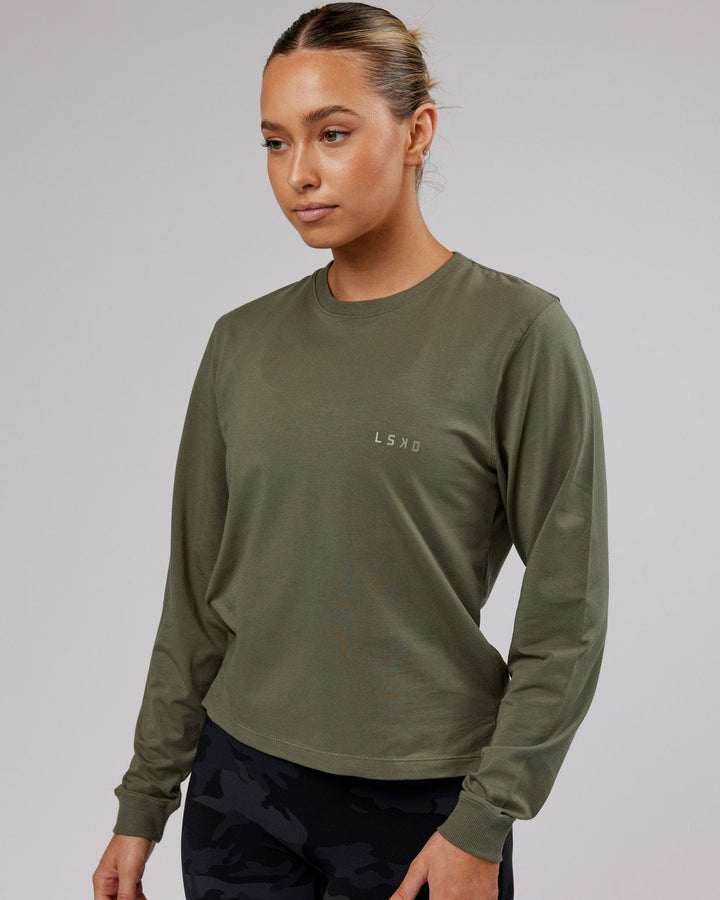 Woman wearing PimaFLX LS Tee - Olive Fade