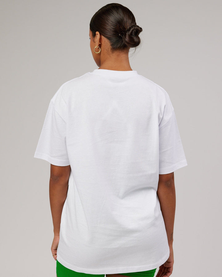 Woman wearing Unisex Stacks Up Heavyweight Tee - White-Vivid Green