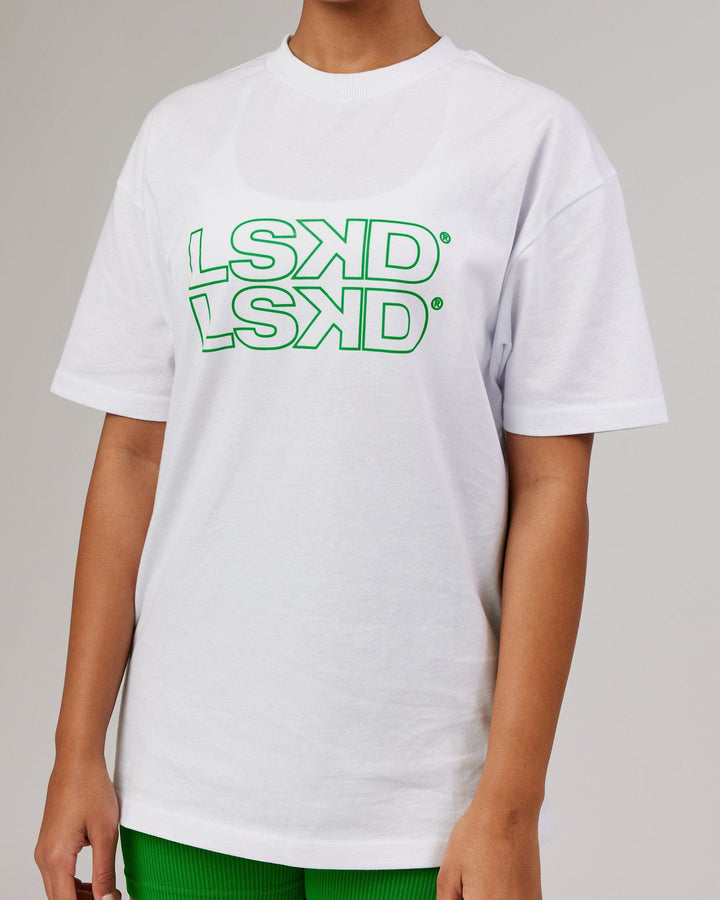 Woman wearing Unisex Stacks Up Heavyweight Tee - White-Vivid Green